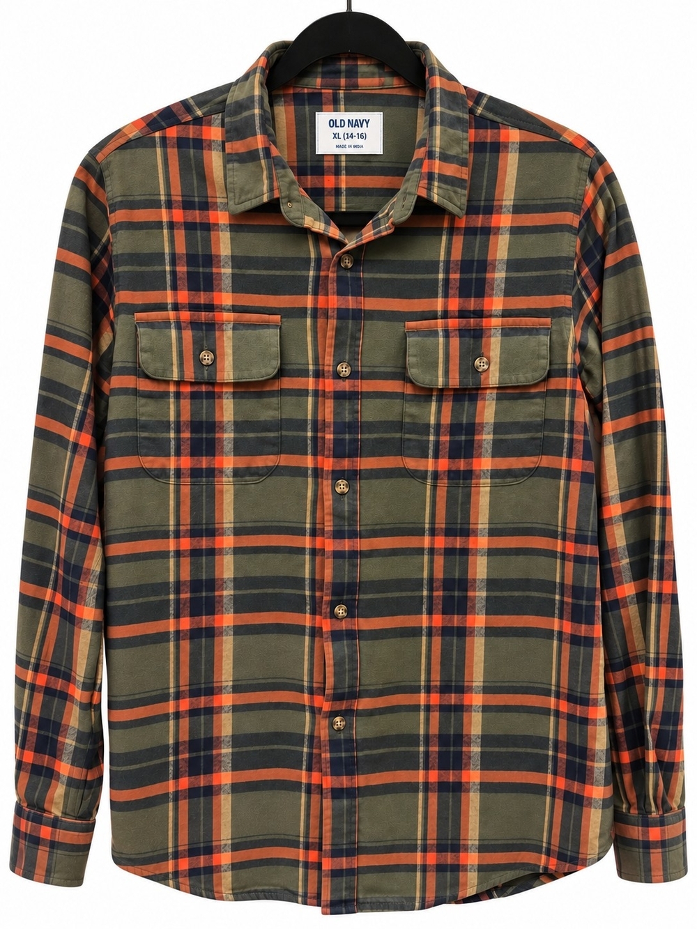 Old Navy Kids Olive & Orange Plaid Utility Shirt – XL (14–16)